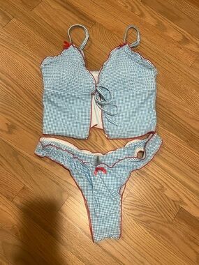 SEAMOLLY VINTAGE GINGHAM BOWKNOT DECOR SMOCKED RUFFLES TIE FRONT TANKINI SET